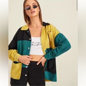 SHEIN Colorblock Corduroy Button Down Jacket – Black/Teal/Yellow (M)